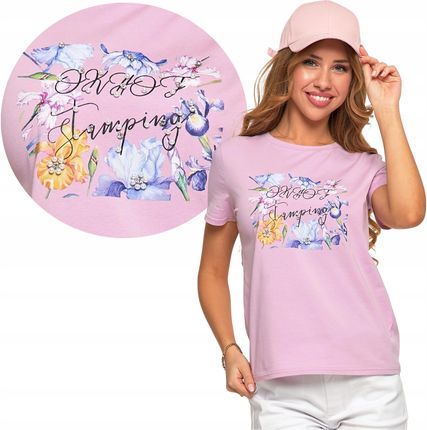 Koszulka Damska w Kwiaty T-Shirt Bawełniana Bluzka Glamour Różowa Moraj XL