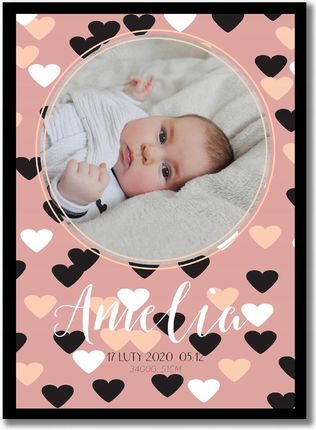 Różowo biało czarne serduszka w metryczce z imieniem i zdjęciem dziecka