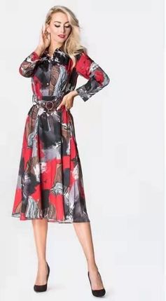 Koszulowa sukienka do połowy łydki Ann Gissy czarno-czerwona (XY202113(5))