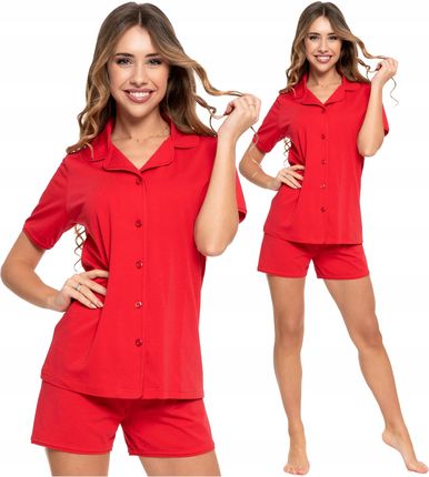 Piżama Damska Dwuczęściowa Czerwona Koszula Krótki Rękaw Moraj XL