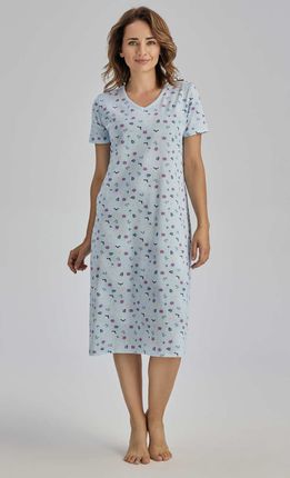 Koszula nocna damska,kwiaty,krotki rękaw  (Mrozny błękit, XL/44)