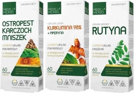Zestaw Ostropest Karczoch Mniszek + Kurkumina 98% + Piperyna + Rutyna, Medica Herbs