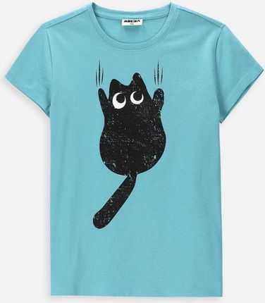 T-shirt z krótkim rękawem miętowy z czarnym kotkiem