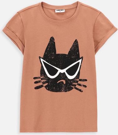T-shirt z krótkim rękawem beżowy z czarnym kotkiem w okularach