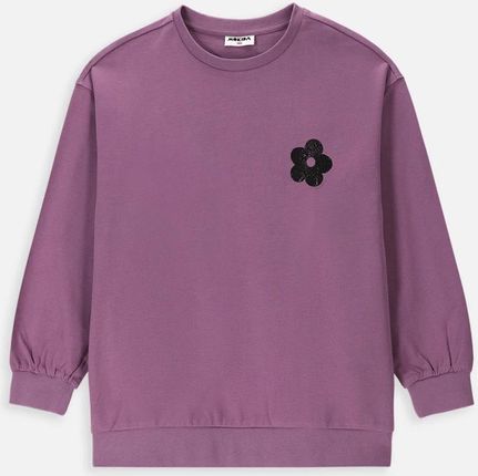Bluza dresowa bez kaptura fioletowa pudełkowa z kwiatkiem
