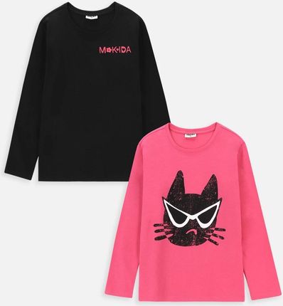 T-shirt z długim rękawem 2 pack różowy z kotem i czarny z logo Mokida