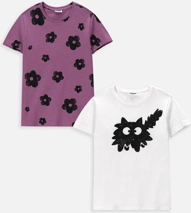 T-shirt z krótkim rękawem 2 pack fioletowy w kwiatki i biały z kotem