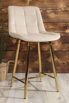 Aropos1 Eleganckie Niskie Krzesło Barowe Proxi I Pikowane Z Beżowego Weluru Na Złotych Nogach