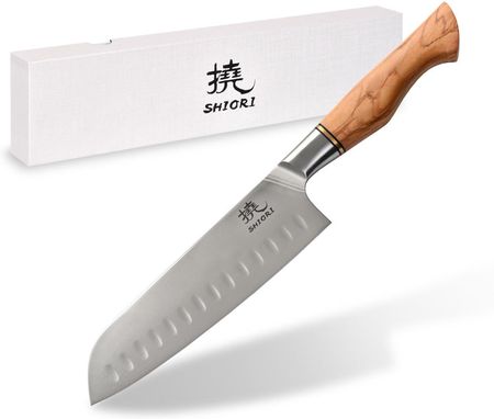 Duży, idealnie wywarzony nóż Shiori 撓 Shibuki Santoku ze stali sandvik 14C28N, rękojeść drewno premium oliwne