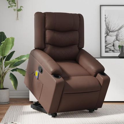 Vidaxl Podnoszony fotel masujący, rozkładany, brązowy, ekoskóra (3206557)