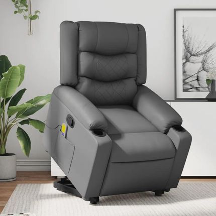 Vidaxl Podnoszony fotel masujący, rozkładany, szary, ekoskóra (3206558)