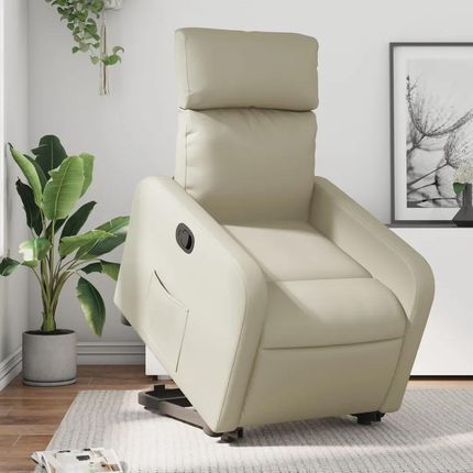 Vidaxl Podnoszony fotel rozkładany, kremowy, obity sztuczną skórą (3206750)