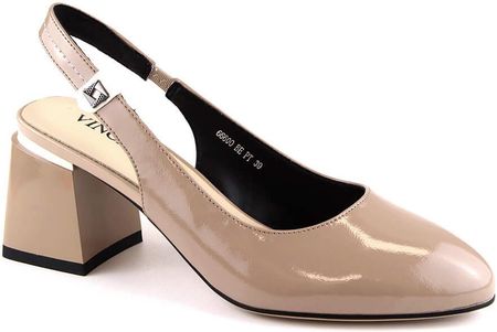 Skórzane lakierowane sandały damskie eleganckie na obcasie beżowe Vinceza 66600