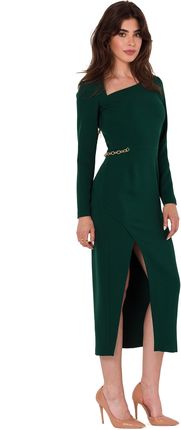 Zielona Midi Sukienka z Asymetrycznym Dekoltem i Długim Rękawem