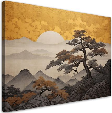 Obraz Na Płótnie Japoński Pejzaż Złotym Tle 60X40