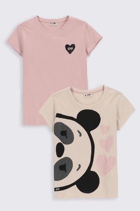 T-shirt z krótkim rękawem 2 pack różowy z serduszkiem i beżowy z pandą