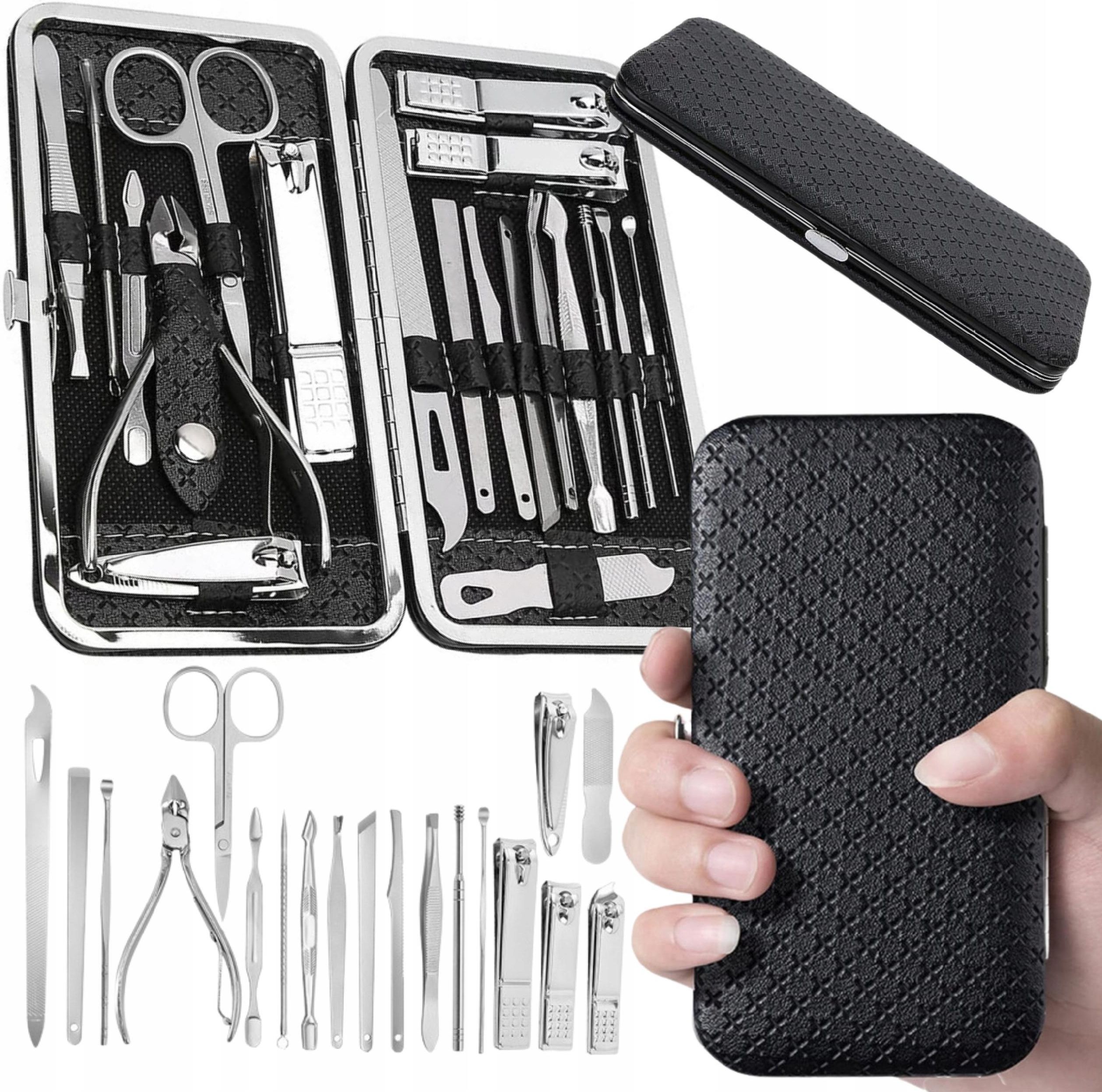 Duży Komplet Do Manicure Pedicure W Etui Czarny Przybornik Zestaw 20El