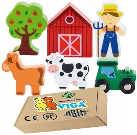 Viga Drewniane Figurki Wieś Farma Krowa Traktor Koń Klocki Dla Przedszkolaków