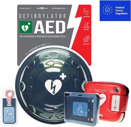 Aedmax Zestaw: Defibrylator Aed Philips Frx Standard W Torbie + Kapsuła Rotaid Zewnętrzna Transparent Green Z Alarmem + Tablica Aed Zewnętrzna Do Kaps