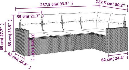 vidaXL Zestaw Wypoczynkowy Do Ogrodu Poduszki Szary Rattan Pe 3251267 5-Cz. - zdjęcie 2