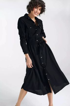 Sukienka koszulowa o długości midi z dodatkiem lnu (Czarny, S)