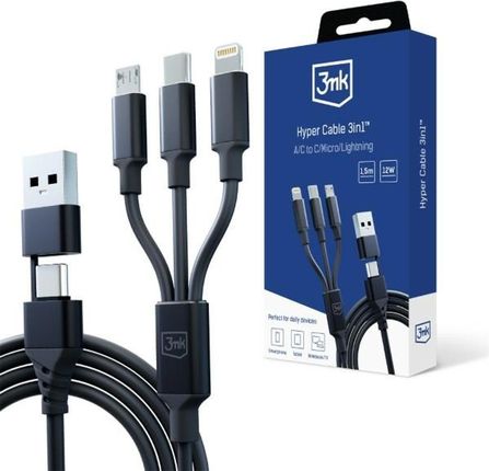 3mk Hyper Cable 3w1 USB-A/C do USB-C/microUSB/Lightning 1.5m czarny