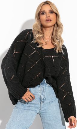 Luźny ażurowy sweter z dekoltem w serek, czarny, Fobya