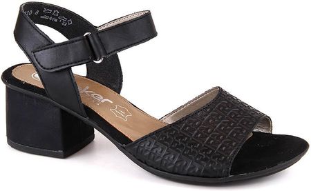 Skórzane komfortowe sandały damskie na obcasie na rzep czarne Rieker 64693-00