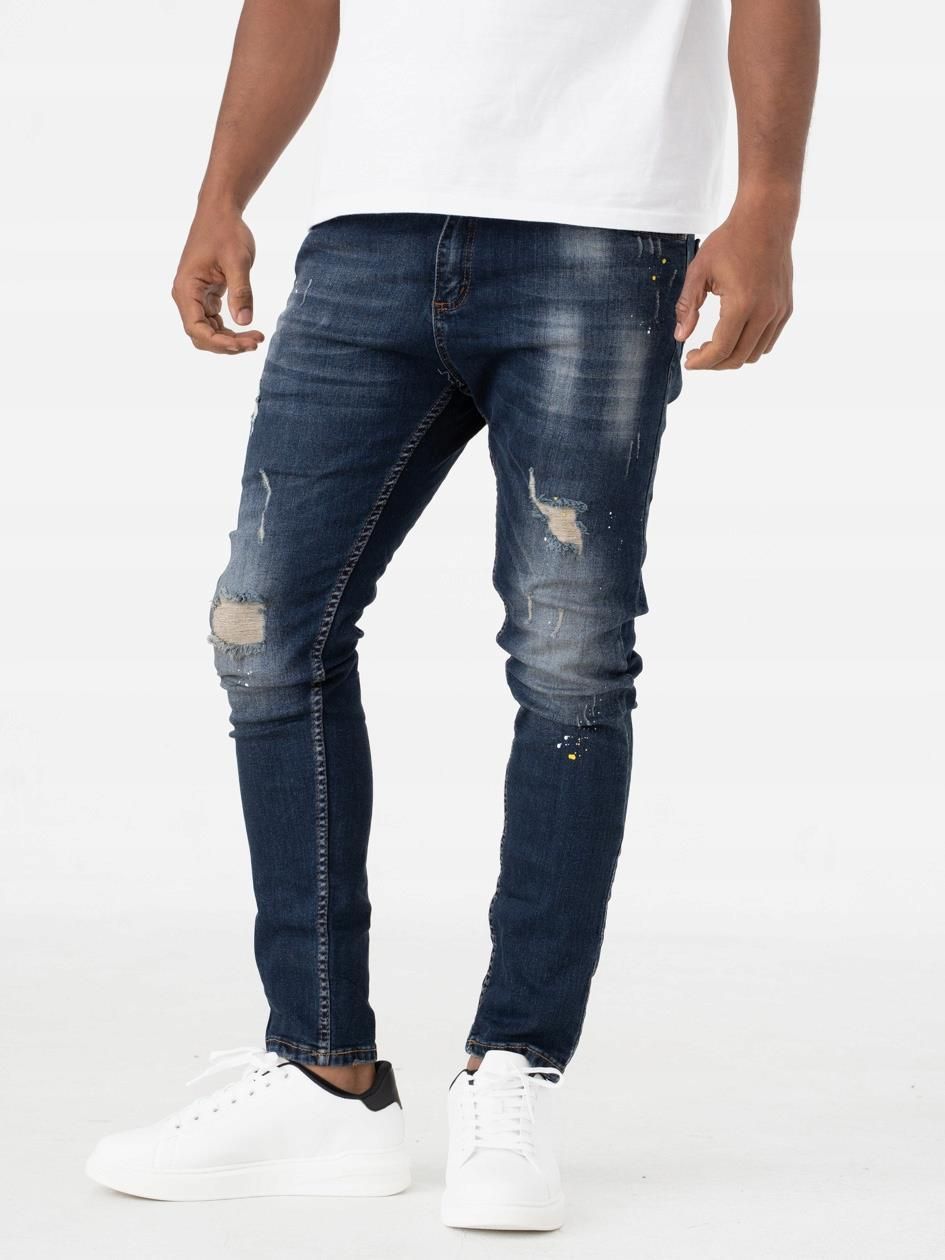 Spodnie Jeansowe Męskie Wytarcia Modne I8 Denim Skinny Ciemne Niebieskie 32 Ceny I Opinie 9662