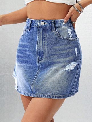 Shein Mini Spódnica Jeans Przetarcia Wysoki Stan D4C Xxh__l