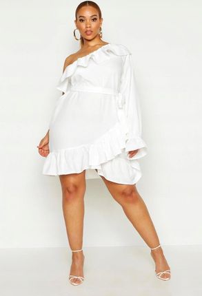 Boohoo vfi asymetryczna biała sukienka falbana 50