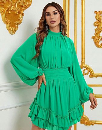 Shein kcx Długi Mini Sukienka Zielona Falbany Rękaw L