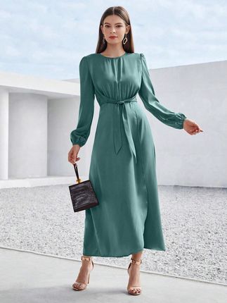 Shein Zielona Satynowa Sukienka Długi Rękaw Wiązanie 51W Xxj__m