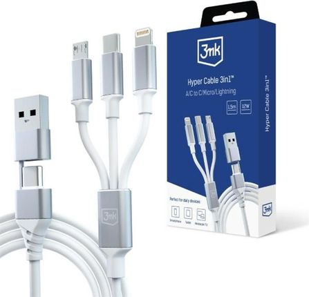 3mk Hyper Cable 3w1 USB-A/C do USB-C/microUSB/Lightning 1.5m biały
