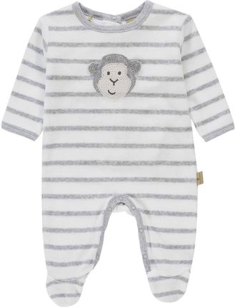 Pajacyk niemowlęcy długi rękaw, szaro-biały w paski z małpką, Bellybutton