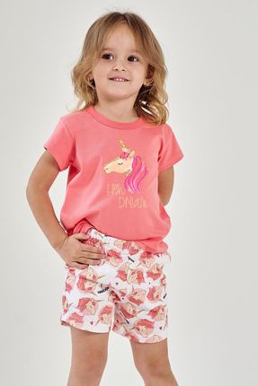 Piżama  dziewczęca,Jednorożec, krótki rekaw, spodnie  (koralowy, 110)