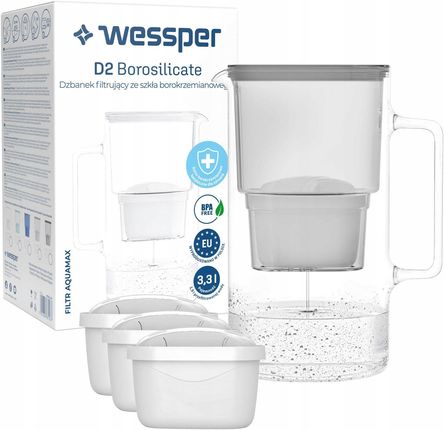 Dzbanek filtrujący Wessper D2 Borosilicate 3,3l 3X Filtr Wkład Aquafloow WES201GR+3XAF01