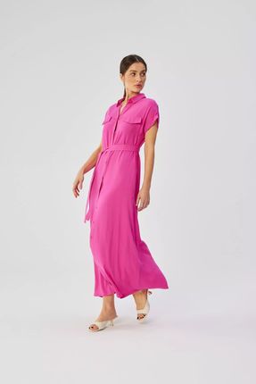 Sukienka maxi z krótkimi rękawami i klasycznym kołnierzykiem (Różowy, S)