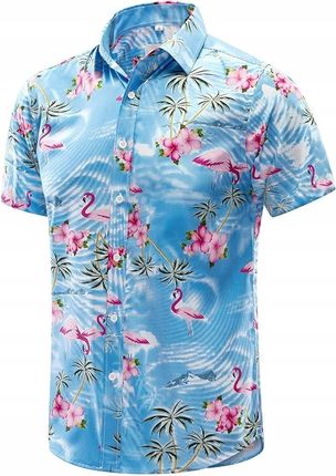 Hawajska Koszula Męska Letni Wzór Niebieska Kwiaty, Flamingi XXL