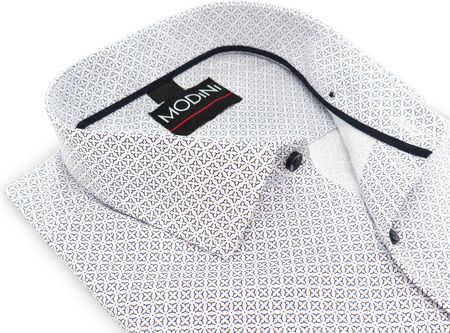 Biała koszula męska w geometryczny brązowo-granatowy wzór Y69