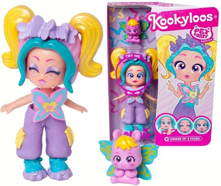 KOOKYLOOS Serie Pet Party SOPHIE - Bambola Collezionabile Con Farfalla, Vestiti, Scarpe E Accessori, 3 Facce Intercambiabili, Dai 3 Anni