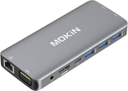 Mokin HUB USB Adapter Hub 10w1 USB-C do 3x USB 3.0 + USB-C charging + HDMI + 3.5mm audio + VGA + 2x RJ45 + Micro SD Reader (srebrny) (MOUC1801J)