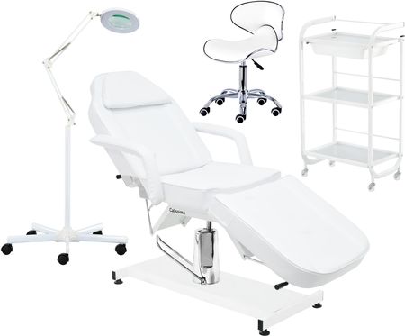 Calissimo Zestaw Fotel Kosmetyczny Hydrauliczny + Taboret Z Oparciem + Pomocnik Kosmetyczny + Lampa Lupa (ZZESKOSM143)