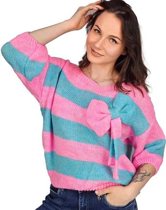Kolorowy sweter z kokardą w paski wełna VIVIENE