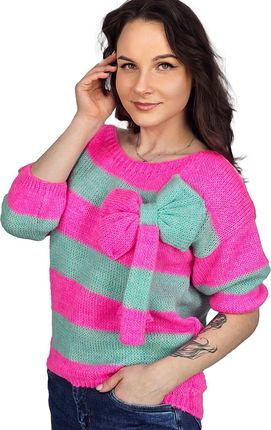 Kolorowy sweter z kokardą w paski wełna VIVIENE