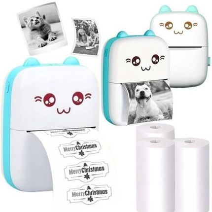 Mini drukarka termiczna dla dzieci kotek+3 rolki samoprzylepne gratis