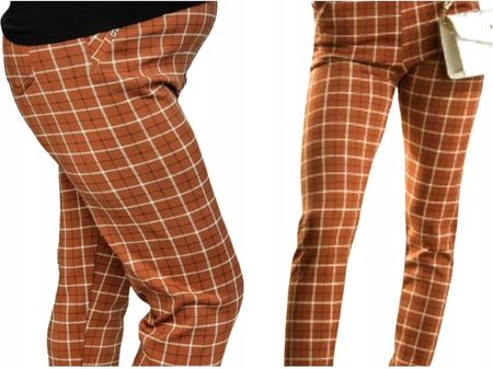 Spodnie damskie cygaretki w kratkę 7XL/8XL brązowe z kieszeniami