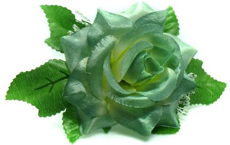 Róża w pąku - główka z liściem Silver Blue sztuczne kwiaty - główka w pąku