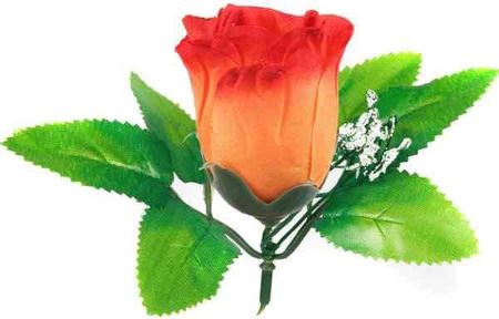 Róża w pąku - główka z liściem Orange Yellow sztuczne kwiaty - główka w pąku