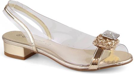 Transparentne sandały damskie lakierowane z cyrkoniami złote Potocki WS43303